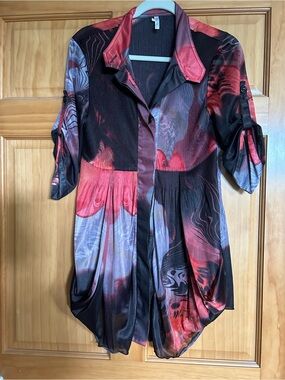 NDI Red, Black and Purple Draped Button-Front Tunic